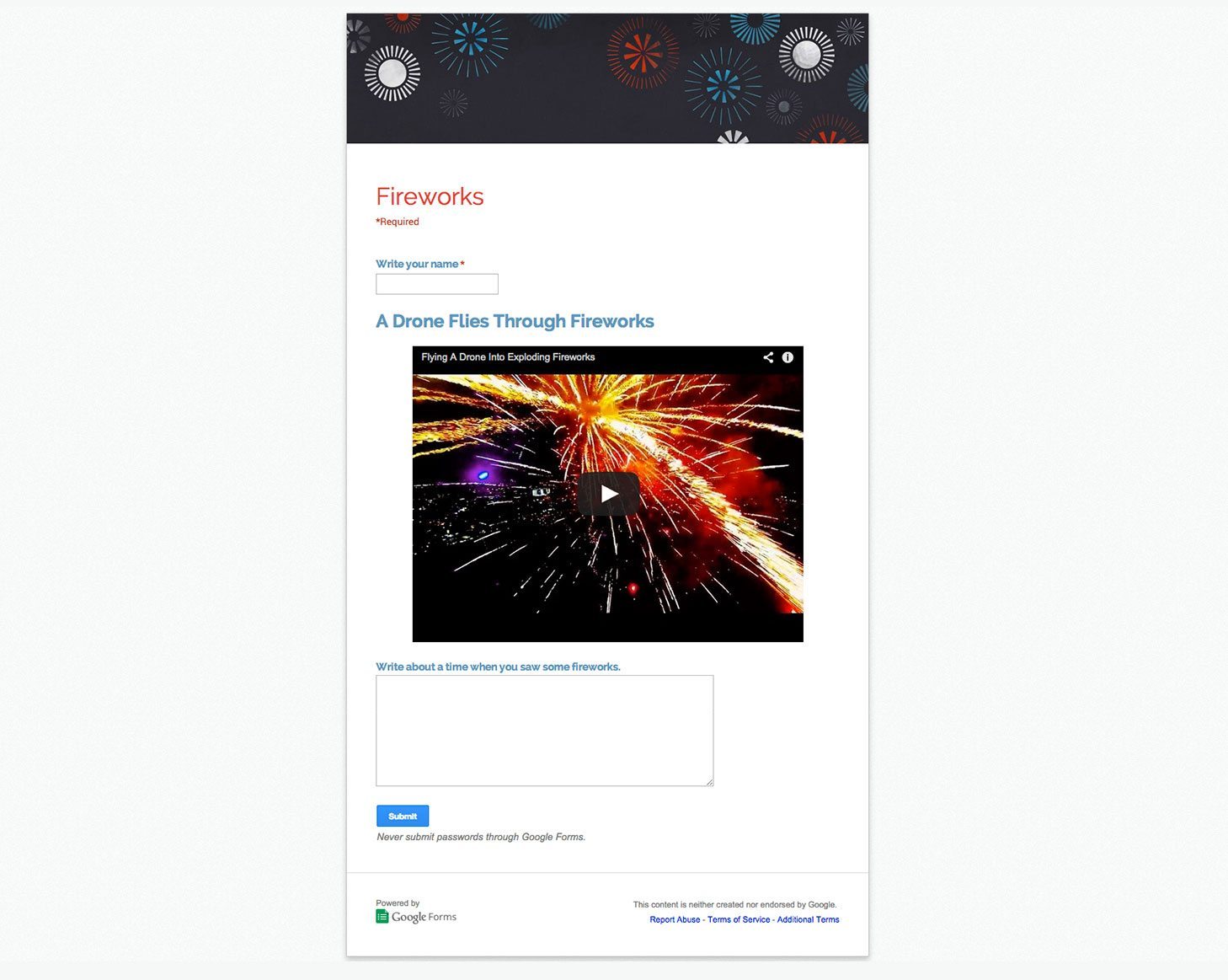 Google Form for the Fireworks project