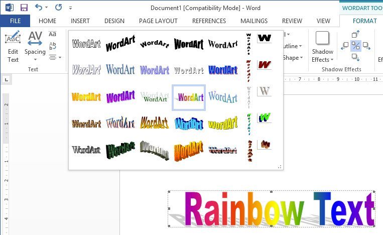Rainbow WordArt in Microsoft Word