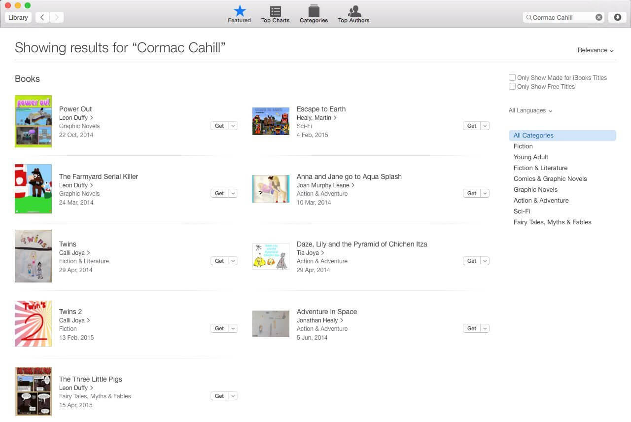 Screenshot of iBooks Store showing books published by Cormac Cahill