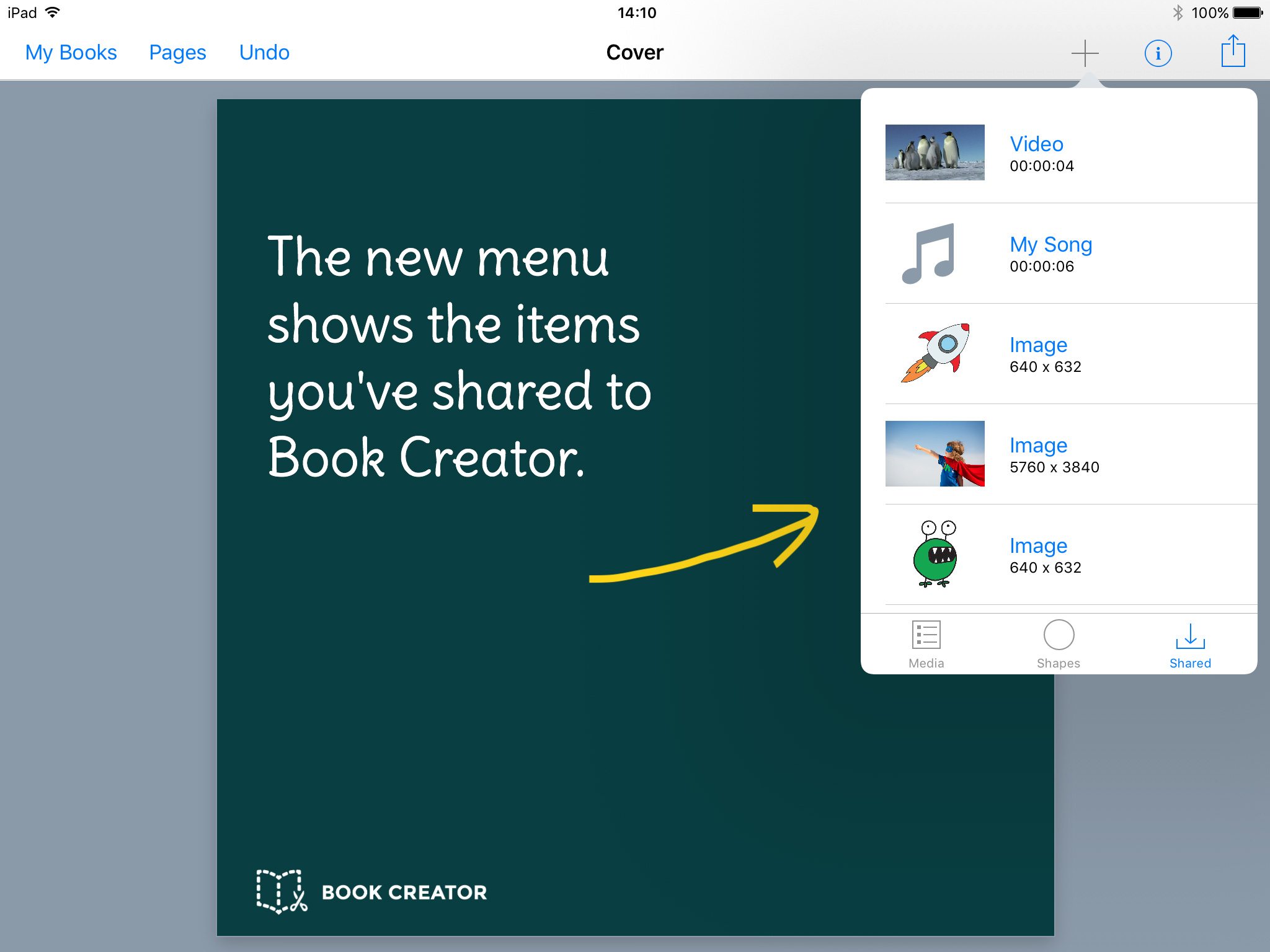 New menu shows items you've shared to Book Creator