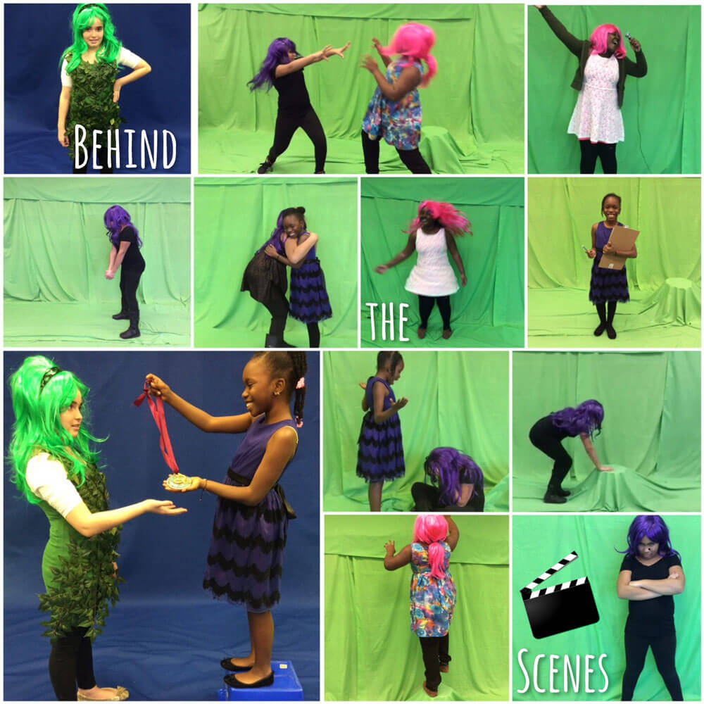 A collage of photos showing students acting in front of a green screen
