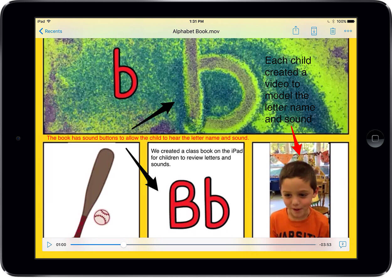 An Alphabet Book that has been exported as a video, as shown on an iPad