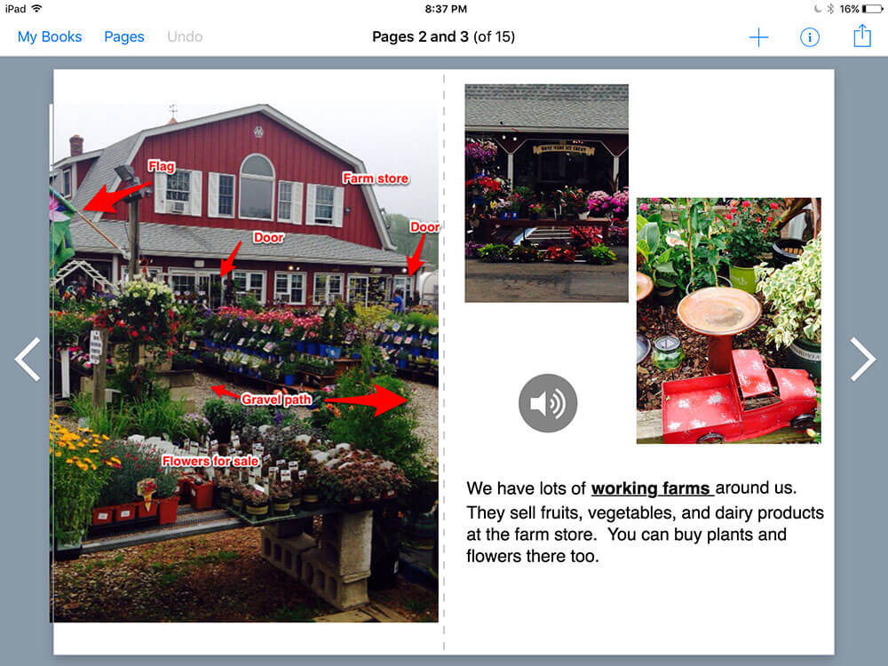 Screenshot of the virtual farm trip book in Book Creator