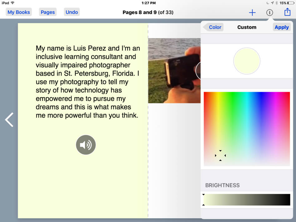 Custom color picker in Book Creator with light yellow color selected