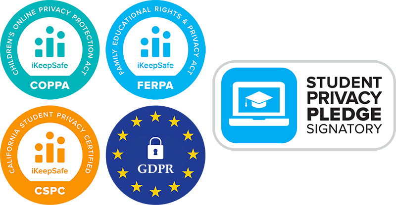 COPPA, FERPA, CSPC, GDPR and Student Privacy Pledge badges