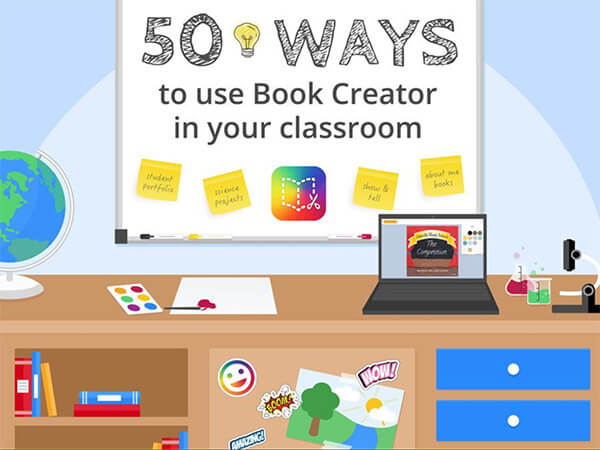 Illustrated classroom scene featuring the front cover of the ebook '50 Ways to Use Book Creator in Your Classroom.' A whiteboard displays the title, with colorful sticky notes labeled 'student portfolios,' 'science projects,' 'show & tell,' and 'about me books.' Below, a classroom desk holds a globe, art supplies, and a laptop showing an open Book Creator project. The scene is bright and organized, with books and stickers in the background, creating a welcoming and educational atmosphere.