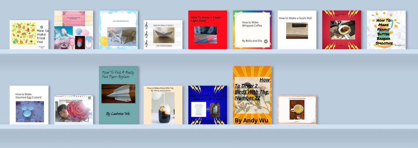 Two bookshelves showing Kristi Luo's student work