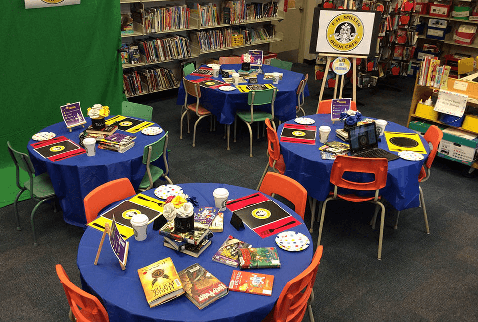 Library set up for "book tasting"