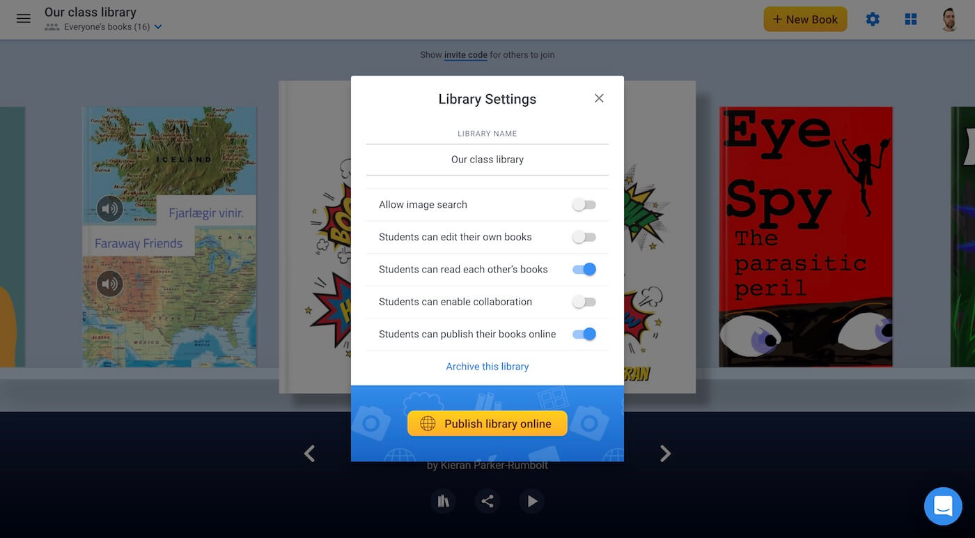 Library settings menu in Book Creator