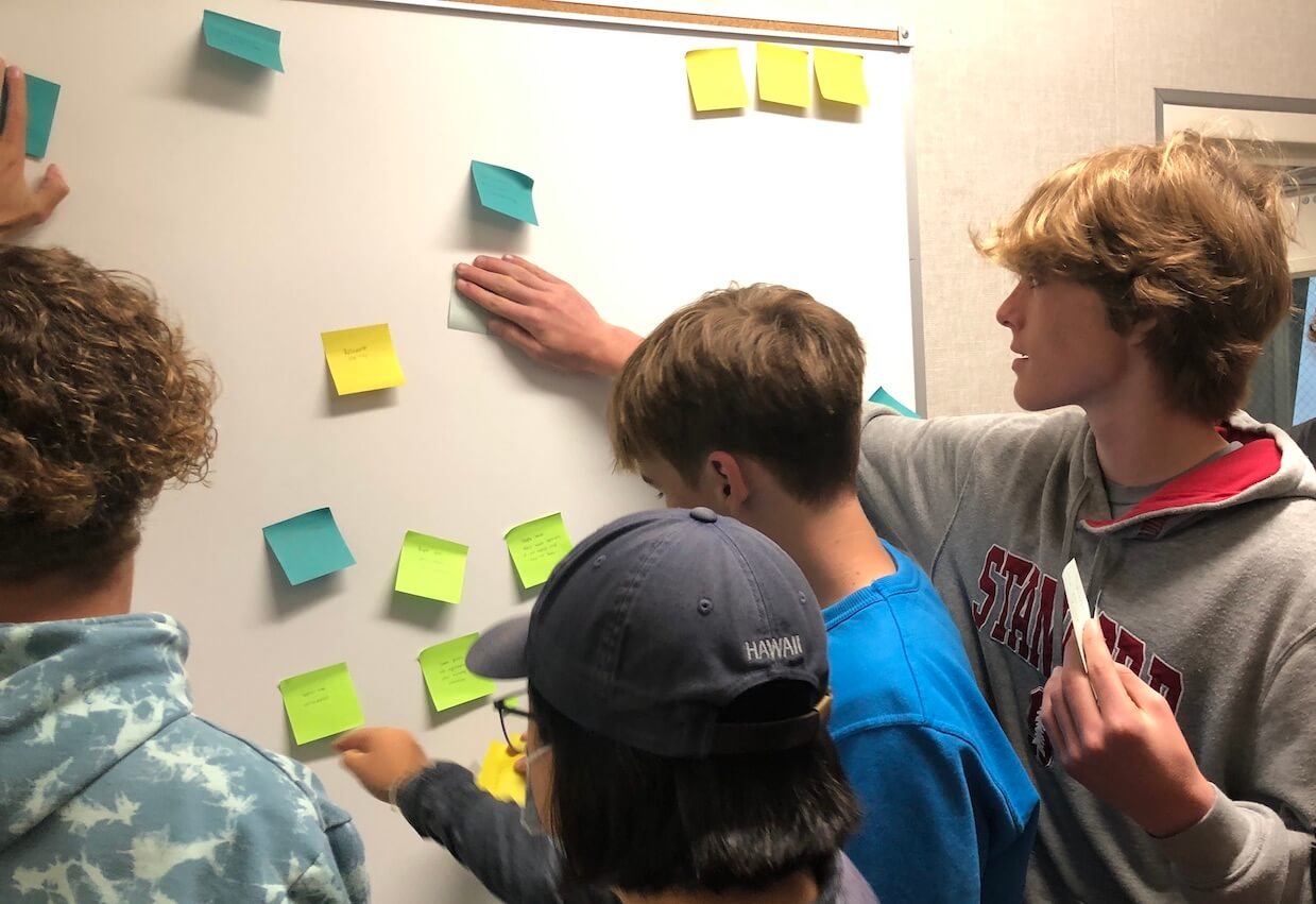 Students brainstorming with post it notes