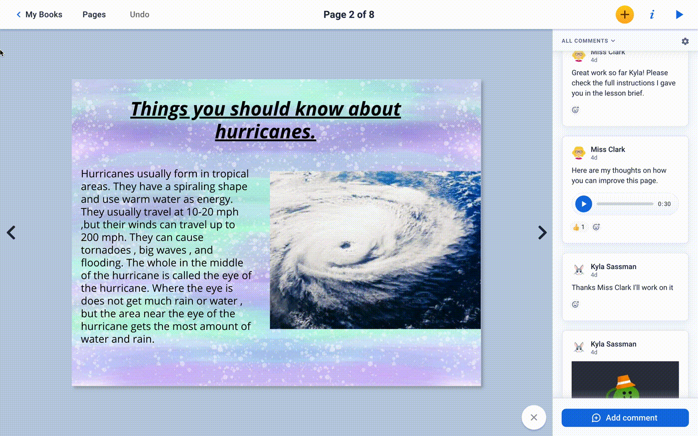 A Book Creator page with teacher and student comments
