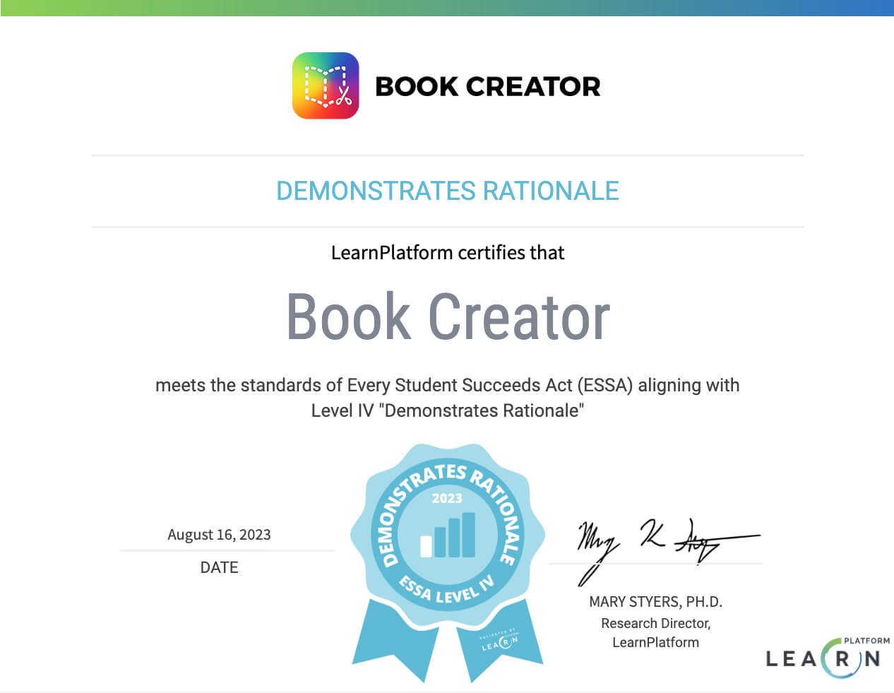 Book Creator ESSA IV certificate