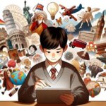 Illustration of a middle school boy of Asian descent, engrossed in his digital tablet. Around him, artistic representations of historical events, famous landmarks, and cultural symbols float, showcasing his diverse creative interests