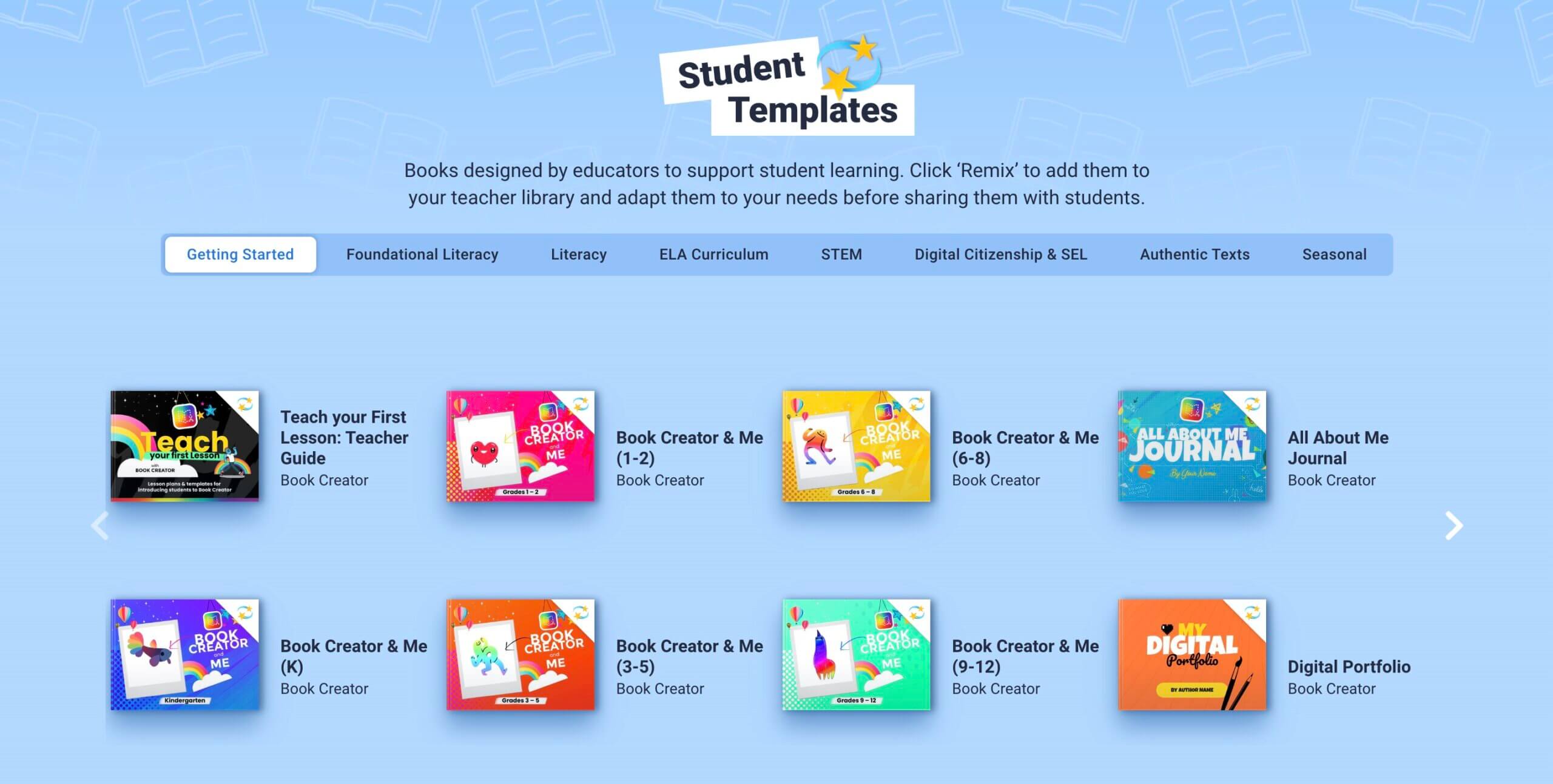 A selection of remixable templates from the Discover section in Book Creator