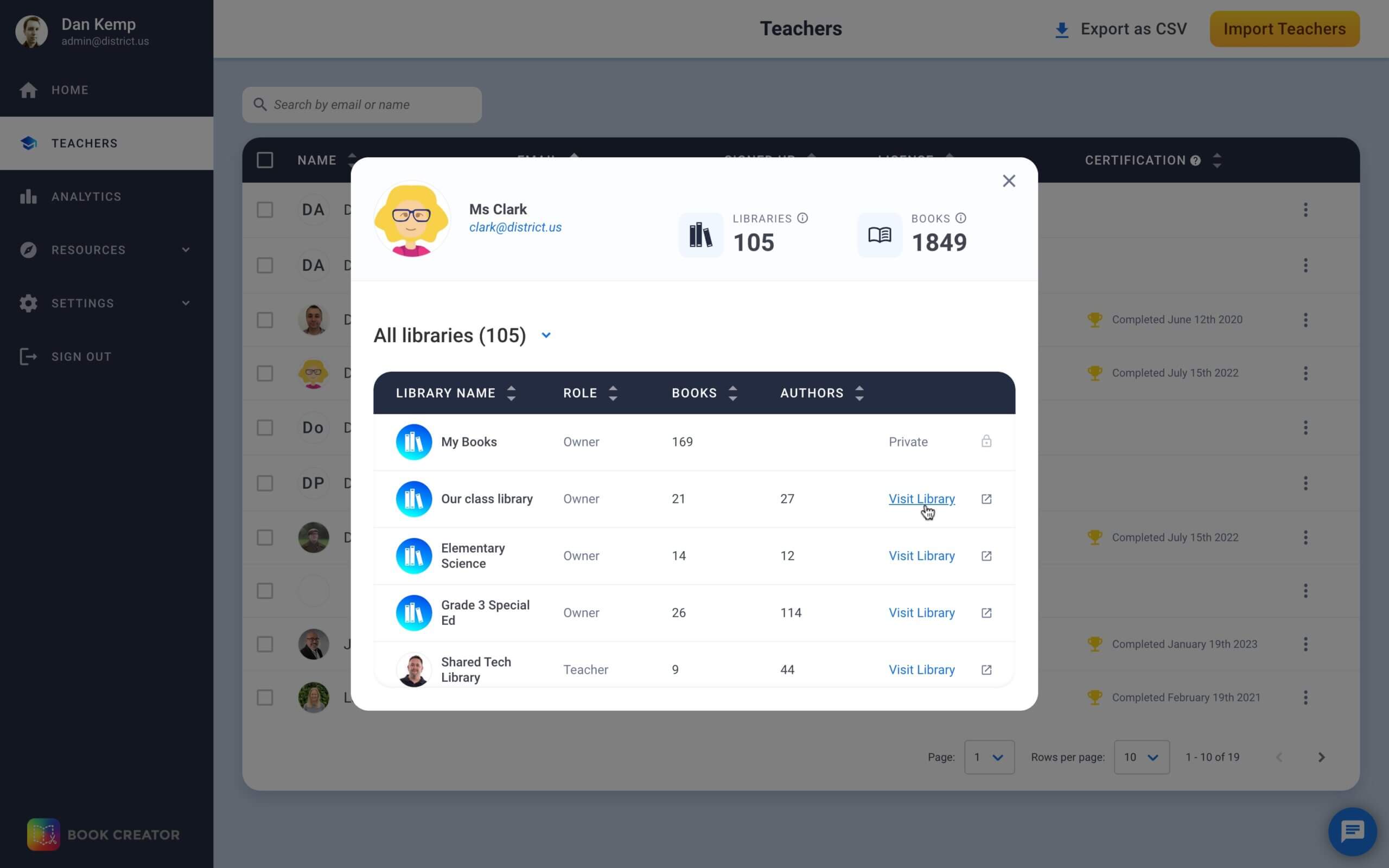 Viewing teacher libraries from the Admin Dashboard