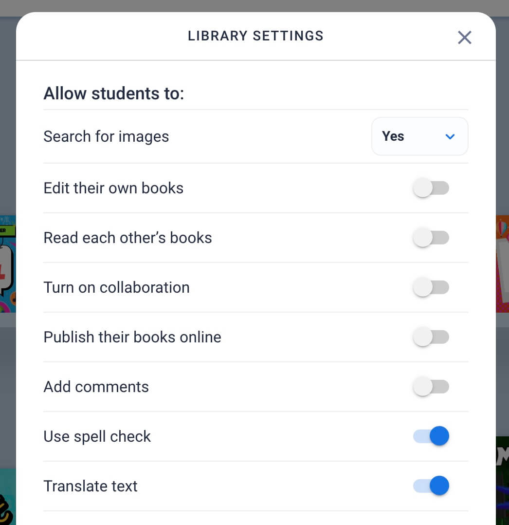 Library settings in Book Creator