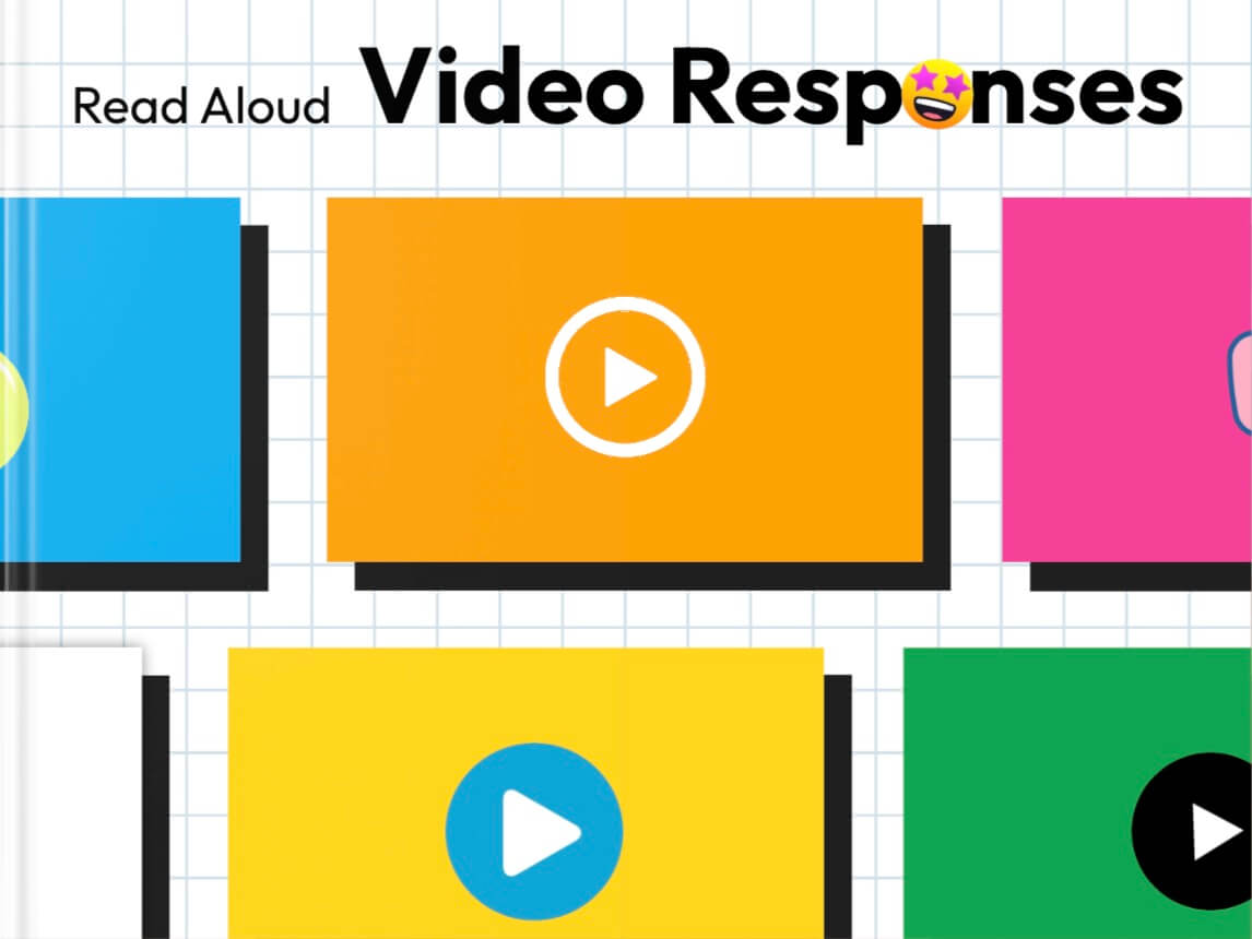 Front cover of a Book Creator digital book titled 'Read Aloud Video Responses.' The background features a grid pattern resembling graph paper. The title is written at the top in bold black text with 'Read Aloud' in smaller font and 'Video Responses' in larger font, with a colorful star-eyed emoji replacing the 'o' in 'Responses.' Below the title, there are colorful rectangular video icons with play buttons, in shades of blue, orange, pink, yellow, and green, arranged in a scattered pattern.
