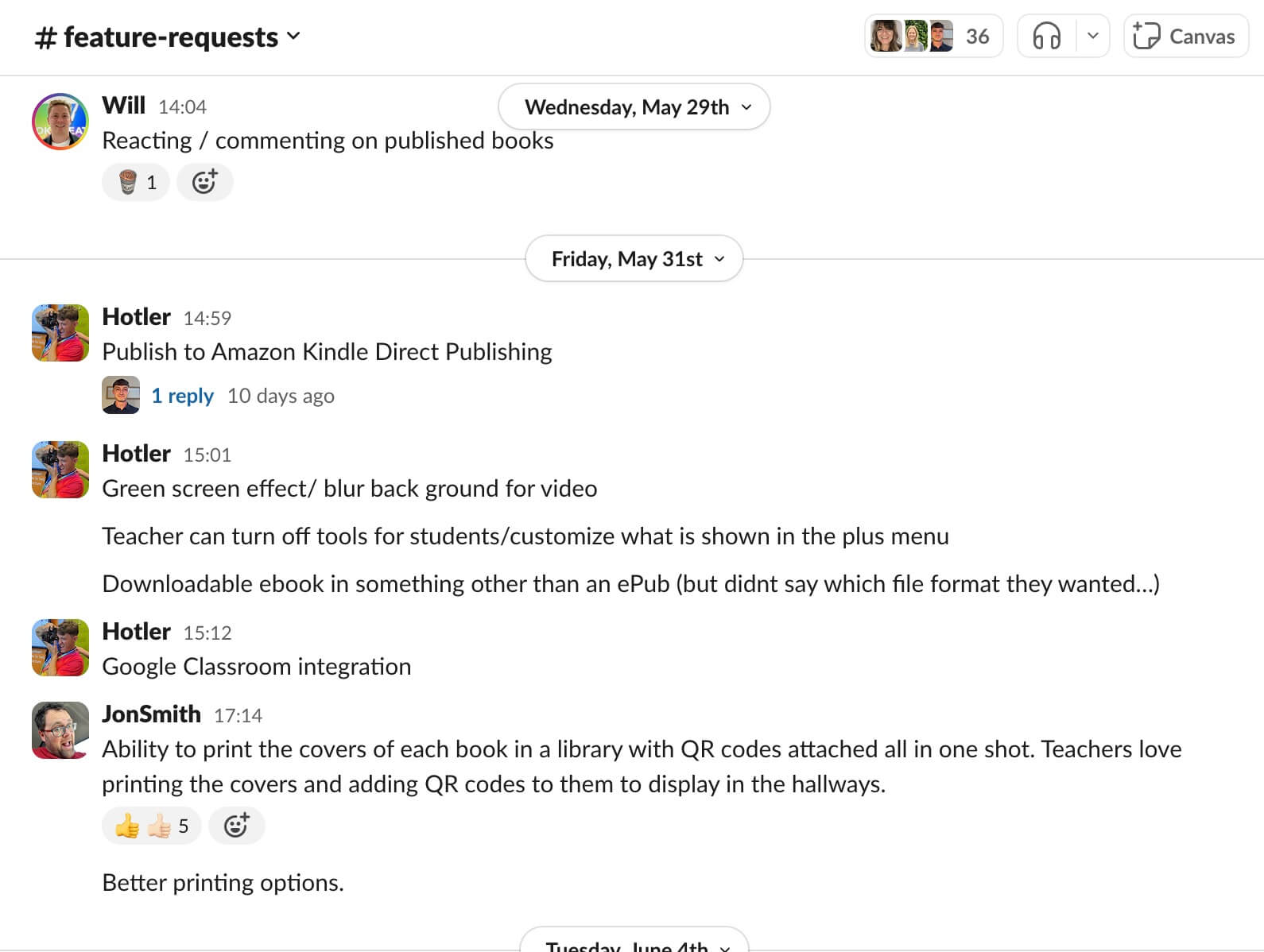 The #FeatureRequests Slack channel at Book Creator