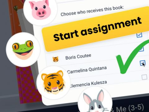 Close-up of the 'Start assignment' feature in Book Creator, showing a selection screen where a teacher can choose students to assign a book. Student names such as Boris Coutee and Carmelina Quintana are listed, along with fun animal avatars like a pig, frog, tiger, and rabbit.