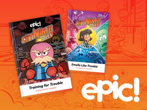 Two Cat Ninja Tales literacy activity books titled 'Training for Trouble' and 'Smells Like Trouble' displayed against an orange background with the 'epic!' logo in the lower right corner.