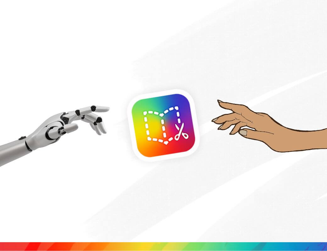 Illustration of a robotic hand and a human hand reaching toward each other, with the Book Creator logo in the center between them. The logo is a colorful square with a dotted book outline and a pair of scissors symbol. A rainbow stripe is at the bottom of the image, symbolizing connection between technology, creativity and Artificial Intelligence.