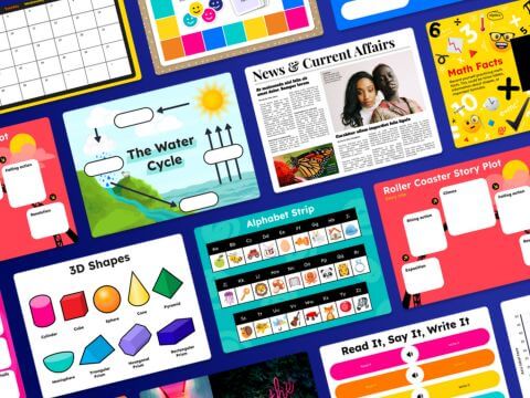 A collection of colorful digital page templates featuring various educational topics such as the water cycle, 3D shapes, math facts, alphabet strip, roller coaster story plot, and news and current affairs. The templates are designed for interactive learning, with spaces for students to input information.