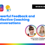 Webinar thumbnail titled 'Powerful Feedback and Reflective Coaching Conversations' featuring Katie Fielding and Brooke Conklin. Logos of Book Creator and Forward Edge appear at the top, with headshots of the hosts in colorful frames below.