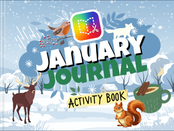 January Journal Activity Book cover featuring a snowy winter scene with a deer, a red squirrel, a robin on a branch, a steaming mug of hot chocolate with cinnamon sticks, and a white fox in the background. The title 'January Journal' appears in bold letters with the Book Creator logo above it, and 'Activity Book' is written on a yellow banner.