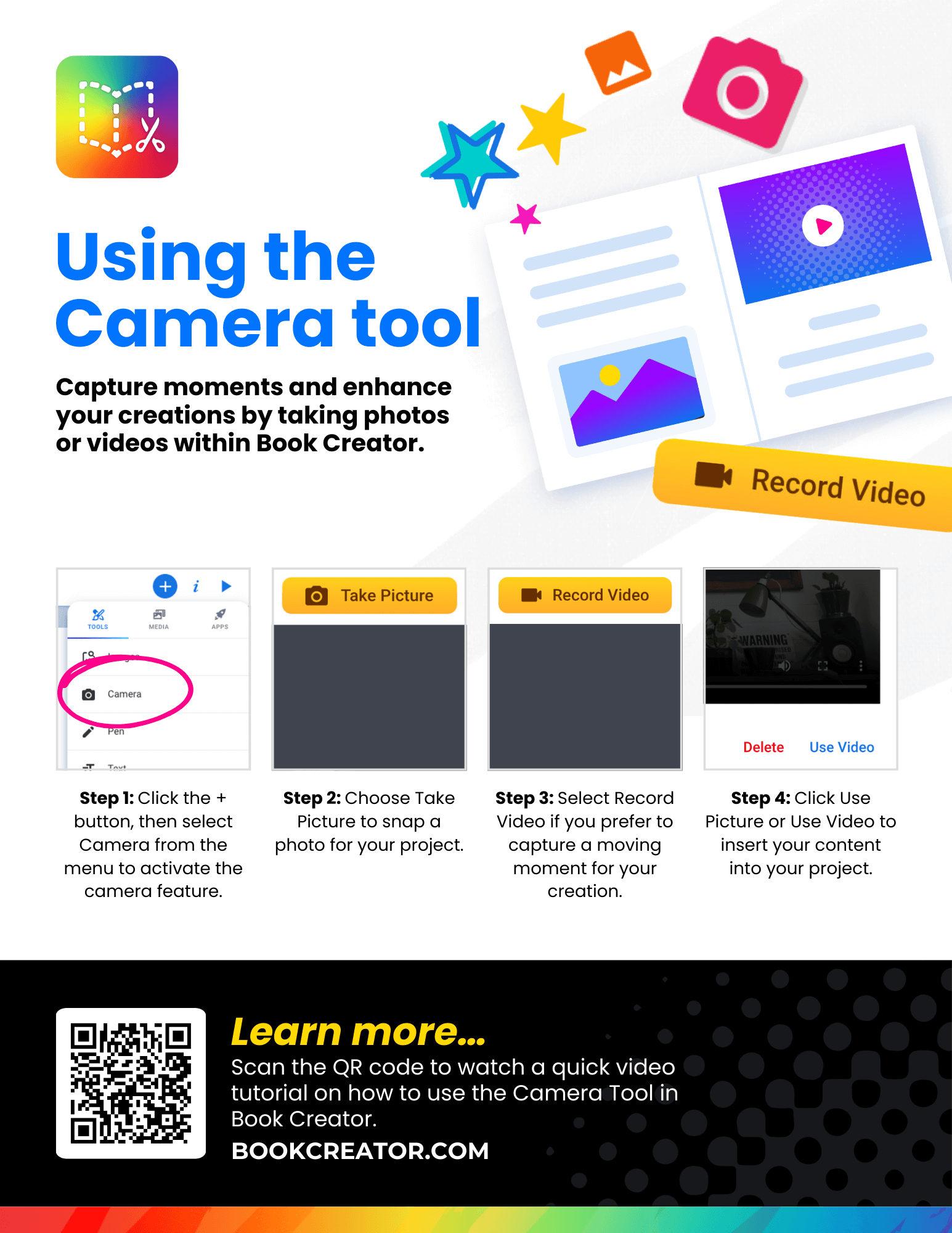 An engaging infographic titled "Using the Camera Tool." It explains how to use Book Creator’s camera feature to capture photos or videos for projects: Step 1: Click the "+" button, then select "Camera" from the menu to activate the camera feature. Step 2: Choose "Take Picture" to snap a photo for your project. Step 3: Select "Record Video" to capture a moving moment. Step 4: Click "Use Picture" or "Use Video" to insert it into your project. Decorated with icons like cameras, stars, and colorful elements, it includes a QR code linking to a tutorial and the Book Creator logo and URL at the bottom.