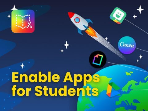 An animated space scene showing the title, 'Enable apps for Students.'