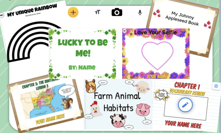 The image appears to showcase various Book Creator templates or projects, with diverse themes like "My Unique Rainbow," "Lucky to Be Me!," "Farm Animal Habitats," and more. Each design incorporates visually engaging elements like colorful fonts, frames, and illustrations relevant to the topic.