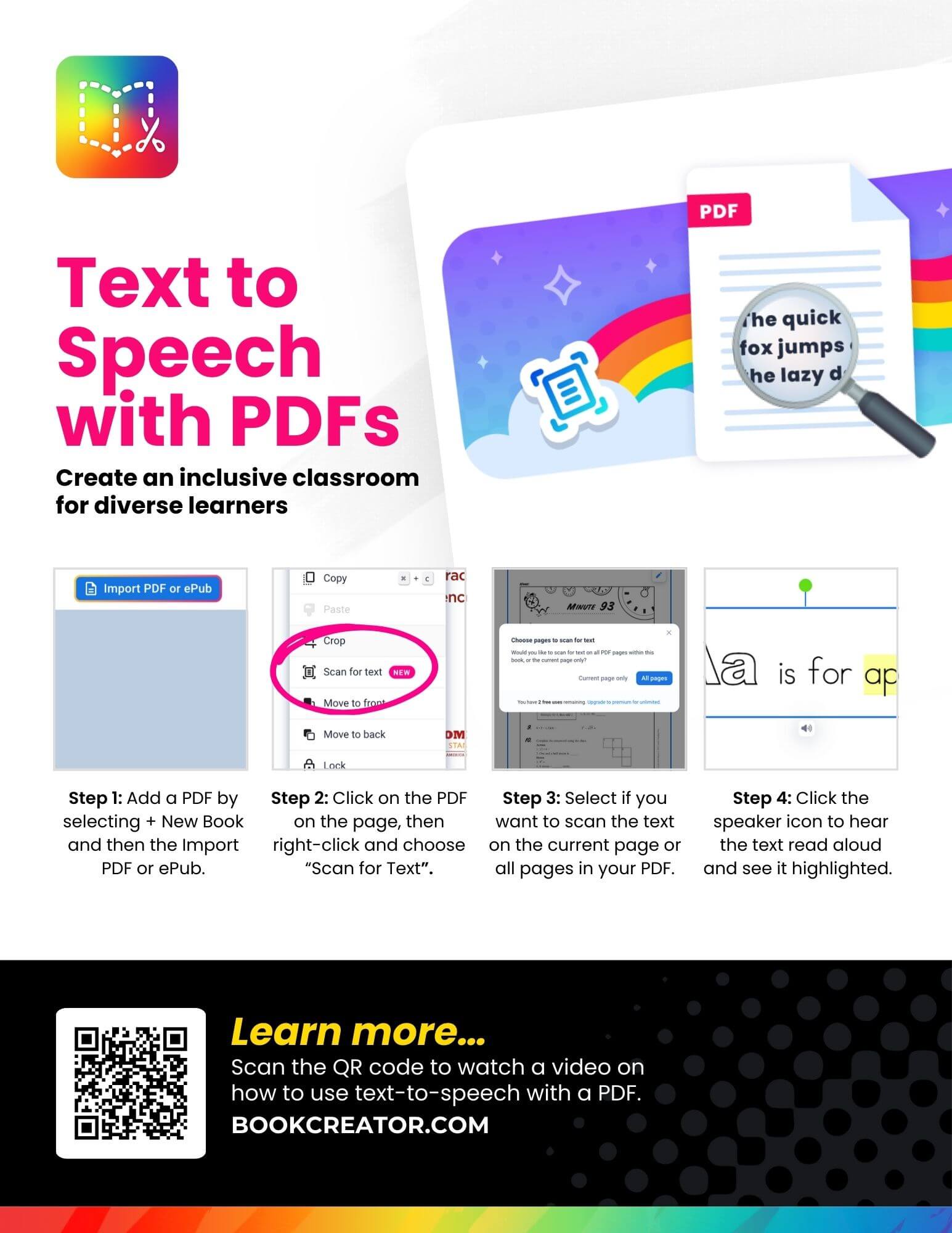 A digital flyer promoting "Text to Speech with PDFs" for creating an inclusive classroom for diverse learners. The flyer features a colorful banner at the top with a Book Creator logo, an illustration of a PDF document with a magnifying glass, and a rainbow background. The main heading, in bold pink text, reads "Text to Speech with PDFs," followed by a subheading in black that says, "Create an inclusive classroom for diverse learners."