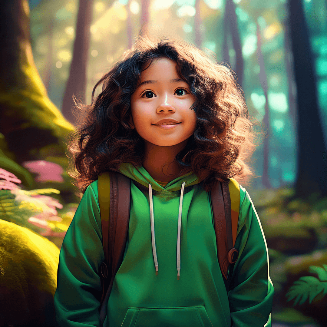 A young child with curly brown hair and a bright smile stands in a sunlit forest, wearing a green hoodie and a backpack. The warm sunlight filters through the tall trees, casting a golden glow on the moss-covered ground and vibrant green foliage. The child's eyes sparkle with wonder, capturing a sense of curiosity and adventure. This image was generated by Adobe Firefly.