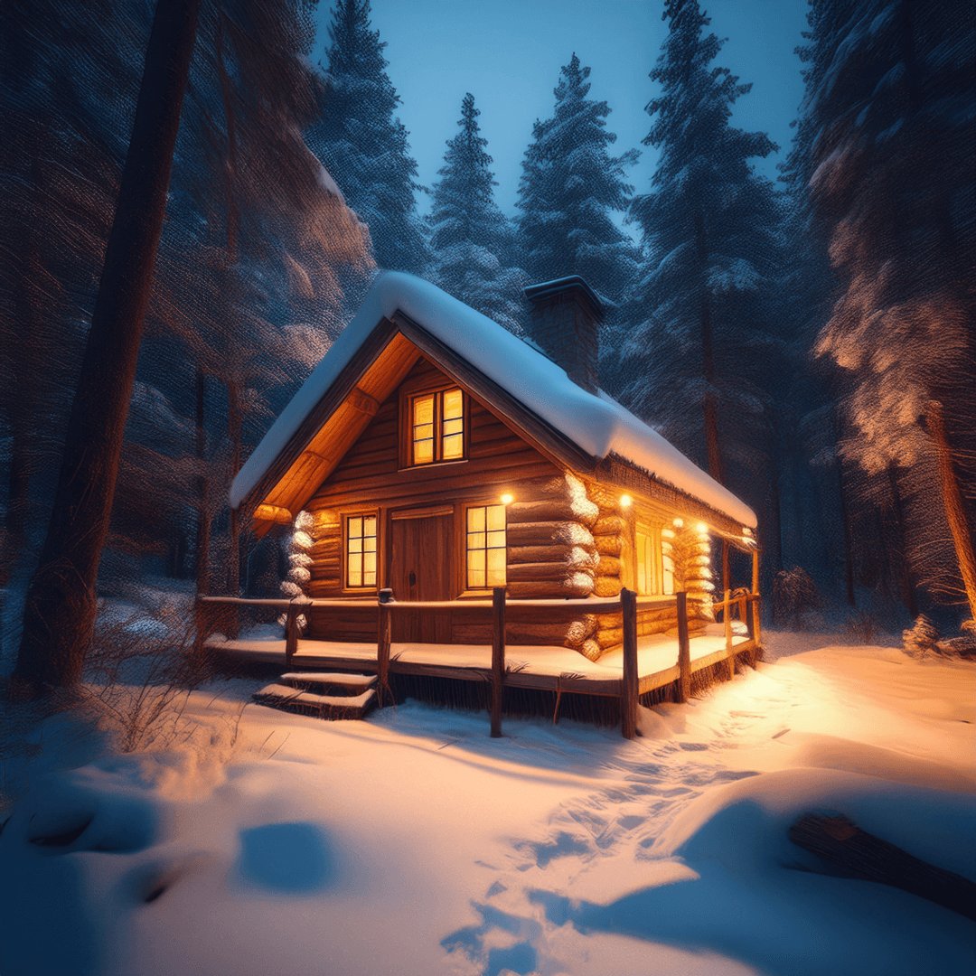 A cozy log cabin nestled in a snowy forest at dusk, with warm golden lights glowing from its windows. The roof is covered in a thick layer of snow, and footprints lead up to the wooden porch. Tall evergreen trees surround the cabin, their branches dusted with snow, creating a peaceful winter atmosphere. The soft blue hues of the sky contrast beautifully with the warm light emanating from the cabin. This image was generated by Adobe Firefly.