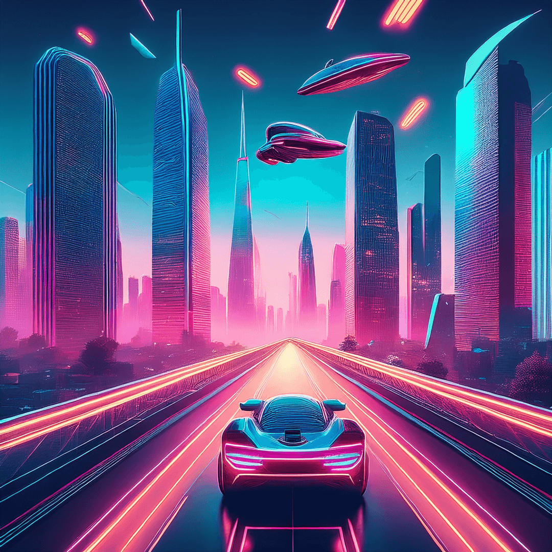 A futuristic cityscape with towering skyscrapers illuminated in neon pink and blue lights. A sleek, high-tech car with glowing accents speeds down an elevated highway with bright neon lanes. Above, flying cars and hovering vehicles move through the sky, leaving glowing light trails. The scene exudes a cyberpunk aesthetic with a vibrant, sci-fi atmosphere. This image was generated by Adobe Firefly."