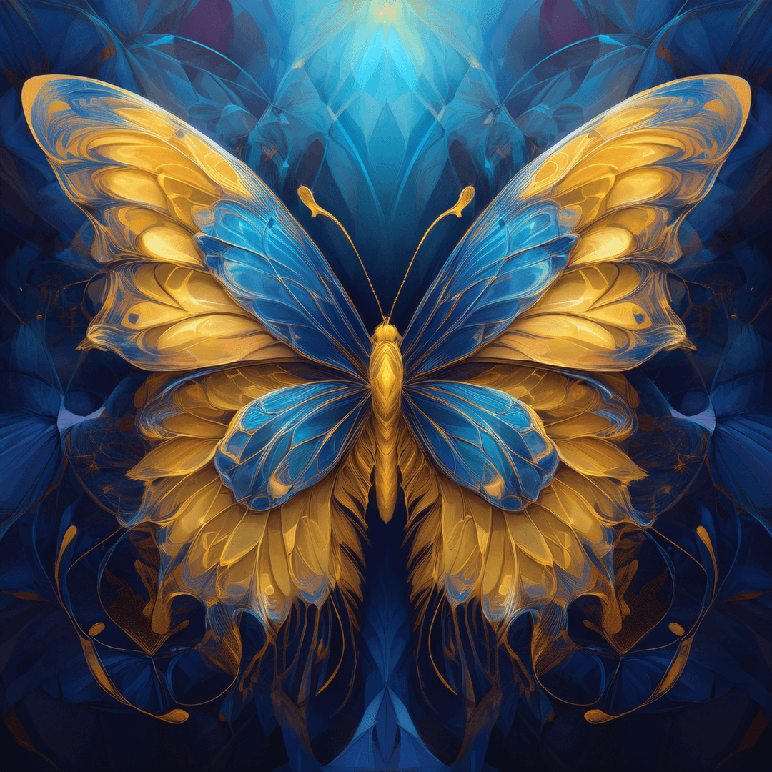 A digitally rendered butterfly with intricate, symmetrical wings in shades of gold and blue, set against a deep blue background with abstract patterns. The butterfly exhibits perfect bilateral symmetry, making it an ideal example for exploring geometric transformations such as reflection, rotation, and translation. The design emphasizes pattern recognition and artistic expression, illustrating how mathematical concepts of symmetry appear in nature and art. This image was generated by Adobe Firefly.