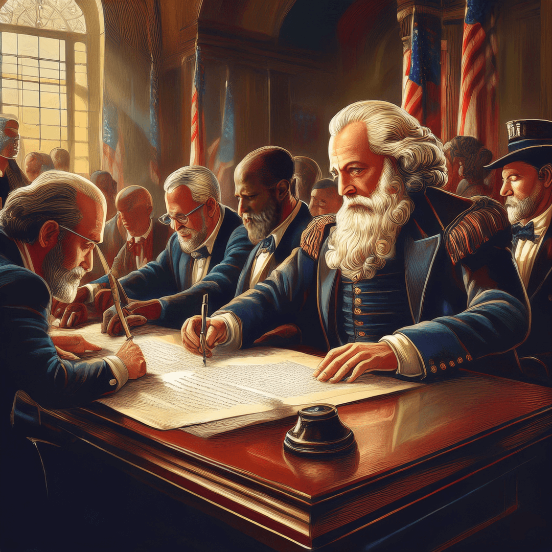 A group of dignified men in 18th-century-style clothing with elaborate beards and formal coats sit around a grand wooden table, signing an important historical document. The scene is set in a grand hall with tall windows allowing warm sunlight to stream in, casting a golden glow over the gathering. American flags stand in the background, emphasizing the patriotic and historical significance of the moment. The men display serious and focused expressions as they carefully inscribe their signatures. This image was generated by Adobe Firefly.
