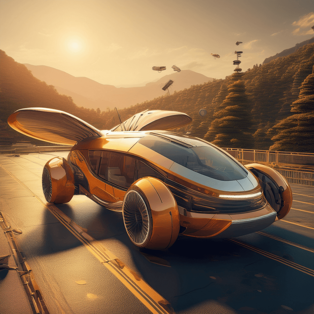 "A sleek, futuristic car with a metallic gold and black exterior is parked on an advanced roadway, surrounded by rolling hills with uniquely shaped trees. The car features a streamlined design with large, turbine-like wheels and gull-wing doors that are open, resembling the wings of a butterfly. In the background, several floating vehicles hover in the air, hinting at advanced transportation technology. The warm golden sunlight casts long shadows, adding depth and a sense of innovation to the scene. This image was generated by Adobe Firefly.