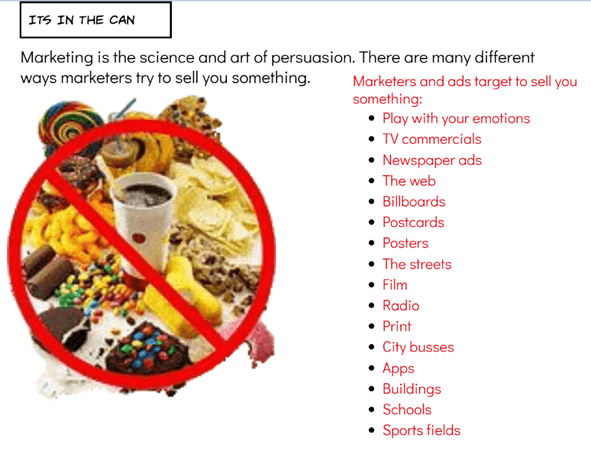 A student project page titled “It’s In the Can” explaining that marketing is the science and art of persuasion.