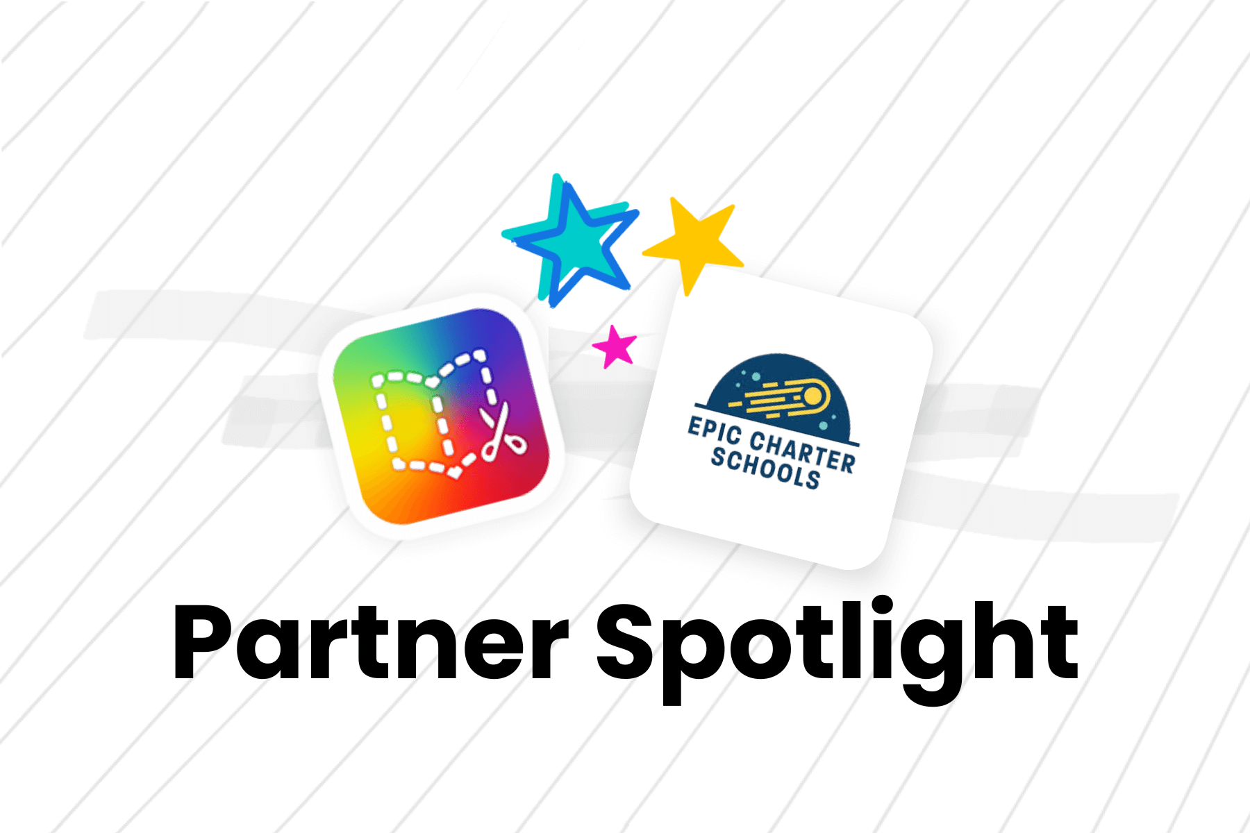 Graphic with the heading 'Partner Spotlight' featuring the logos of Book Creator and Epic Charter Schools. Colorful stars surround the logos, which are placed against a white, lined paper background.