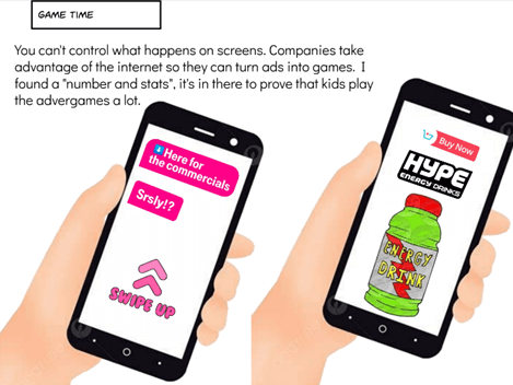 A student project page titled 'Game Time' shows two illustrated smartphones held by cartoon hands...