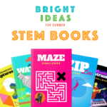 Banner image with the title 'STEM BOOKS' in bold orange text at the top. Below, five colorful STEM challenge activity book covers are fanned out. Titles include: 'Geometric Sculptures' on a yellow background, 'Water Filtration Challenge' with a green background and plastic bottle, 'Maze Challenge' in bright pink, 'Zip Line Challenge' in blue with a figure ziplining, and 'Musical Instrument Challenge' in black with a person playing a guitar and a keyboard below.
