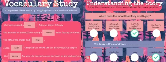 A double-page activity featuring two sections: "Vocabulary Study" on the left and "Understanding the Story" on the right. Vocabulary Study includes drag-and-drop words like "cruel," "coward," "dingy," and "humbly" for sentence completion. On the right, multiple-choice comprehension questions about the story of Polly and Digory, including where the tunnel leads and who Mrs. Lefay is to Uncle Andrew.