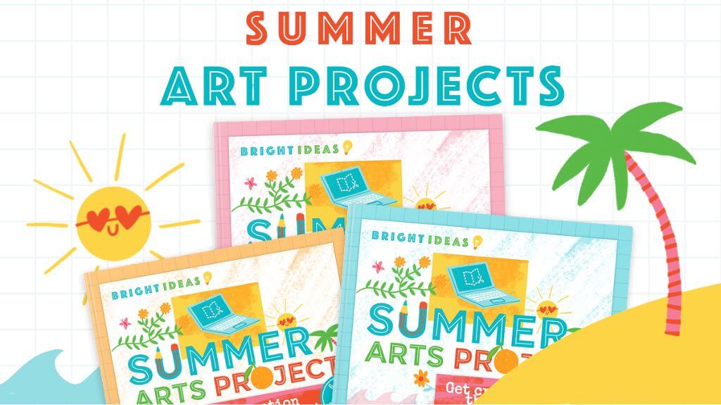 Bright and playful graphic titled 'Summer Art Projects' with illustrated book covers labeled 'Bright Ideas: Summer Arts Projects.' The background includes a smiling sun with heart-shaped sunglasses, a palm tree, waves, and flowers, evoking a fun and creative summer atmosphere.