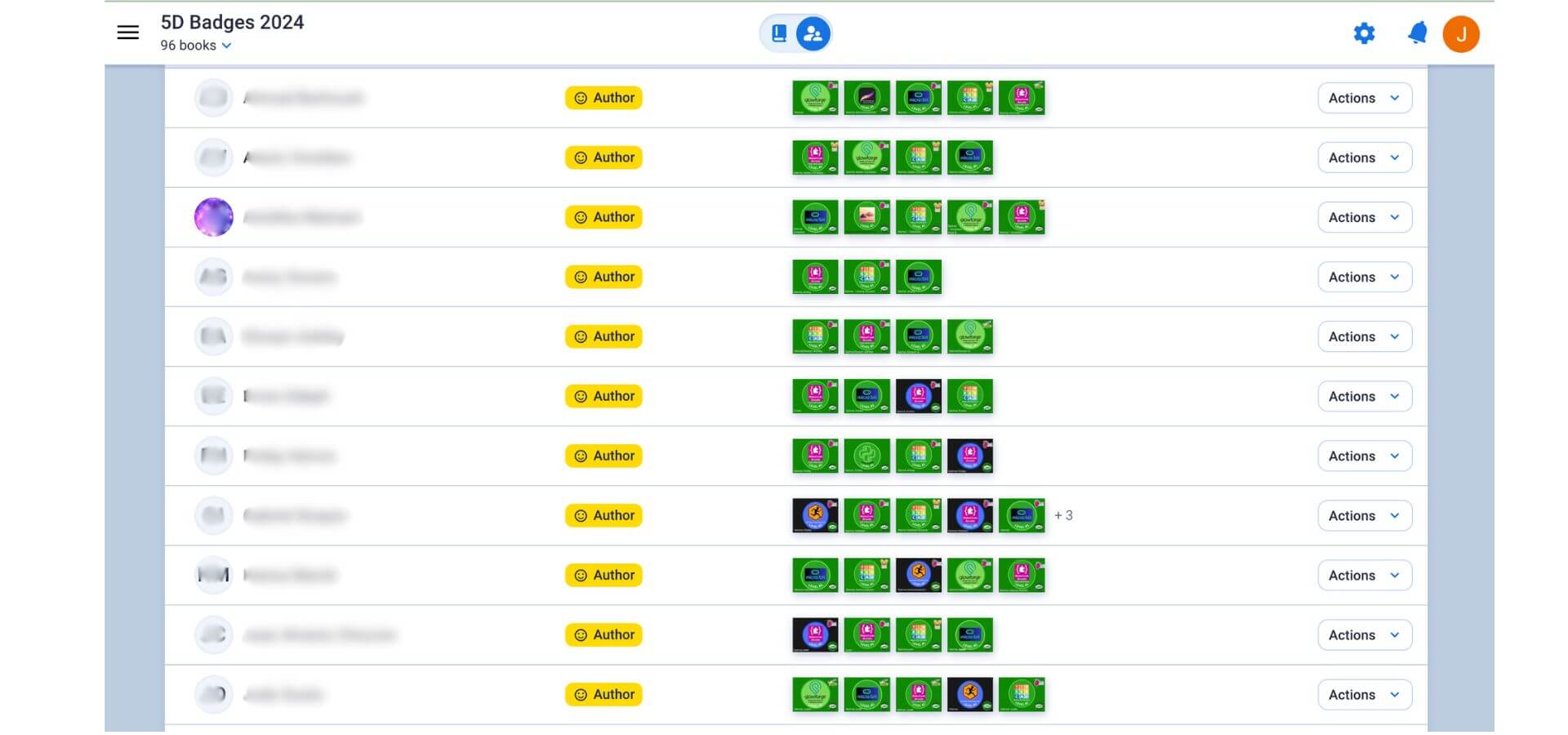 A screenshot of a Book Creator library titled “5D Badges 2024” showing a list of student-created digital books—96 in total. Each row displays a student’s name (blurred for privacy), an "Author" label in a yellow badge, and thumbnail covers of their badge journals. The book covers are colorful and showcase various badge designs in green frames, indicating different completed tasks or projects. To the right of each row is an “Actions” dropdown menu. This dashboard provides an organized view of student progress in a badge-based learning system.