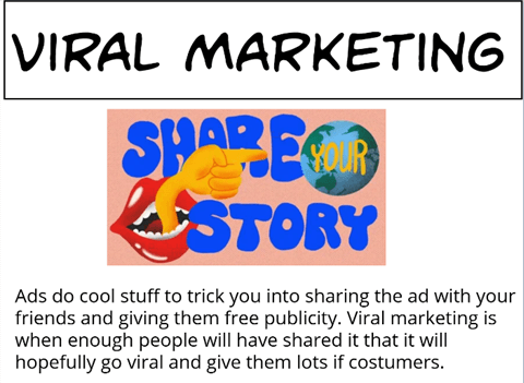 A student project page titled 'Viral Marketing' with an illustrated image of a shouting mouth and a pointing hand...