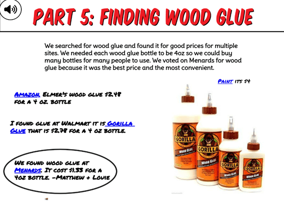 A student project page titled “Part 5: Finding Wood Glue.” ...