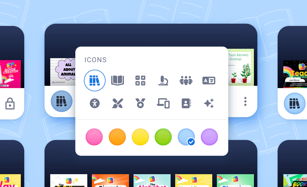 Screenshot showing the customization menu in Book Creator where users can select from 12 different icons and 6 color options to personalize their library thumbnails.