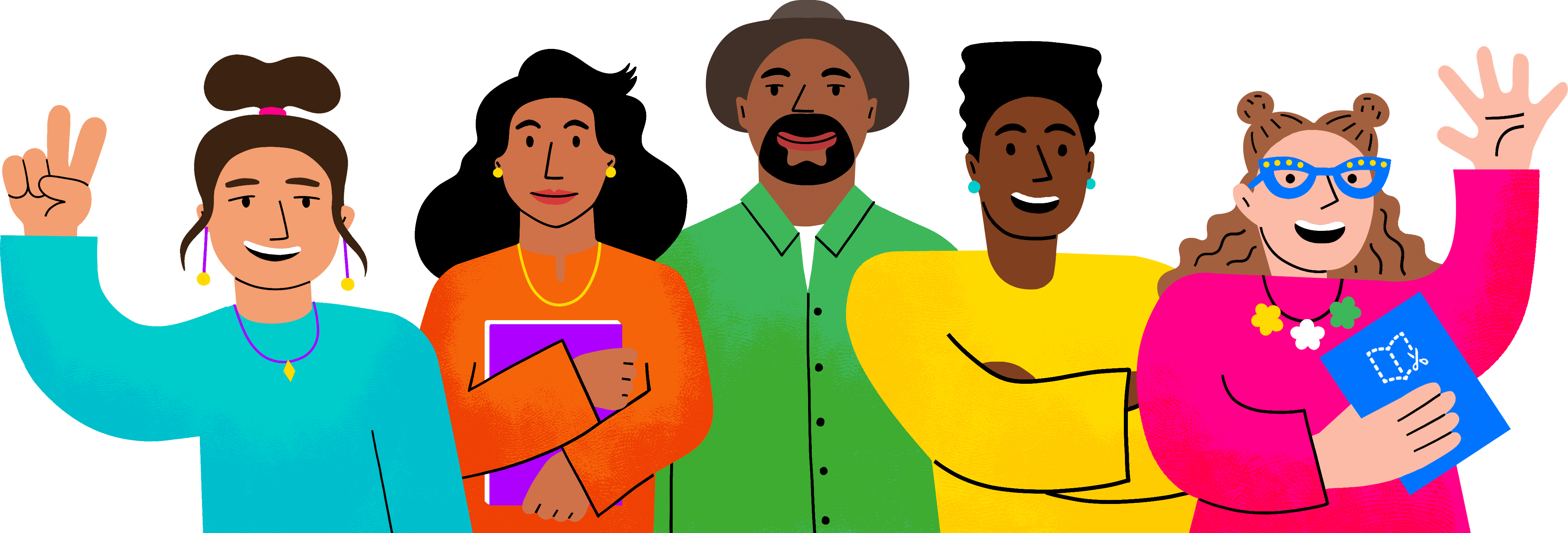 Book Creator community graphic showing 5 brightly coloured educators waving