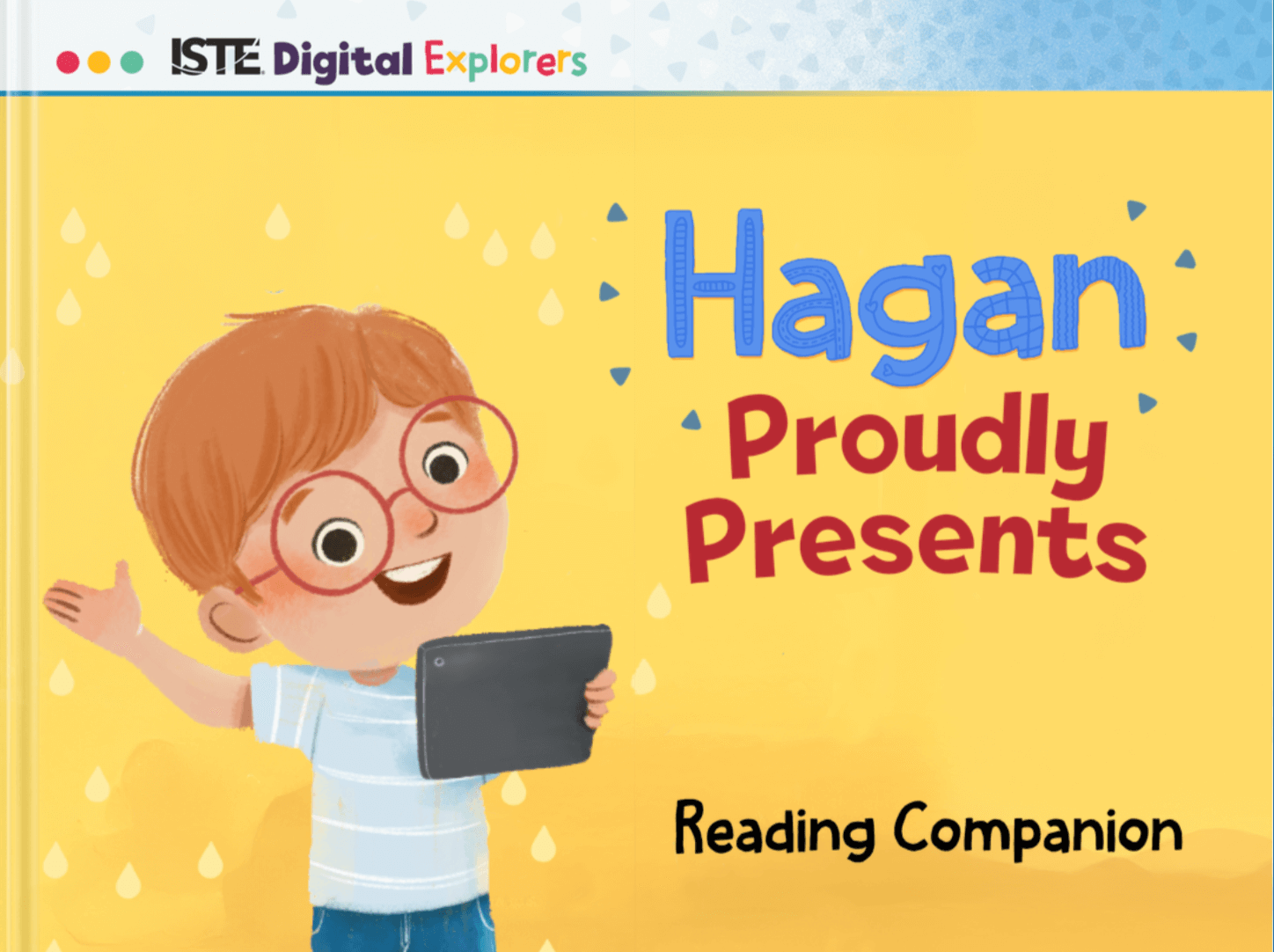 A yellow book cover featuring a boy with glasses holding a tablet device